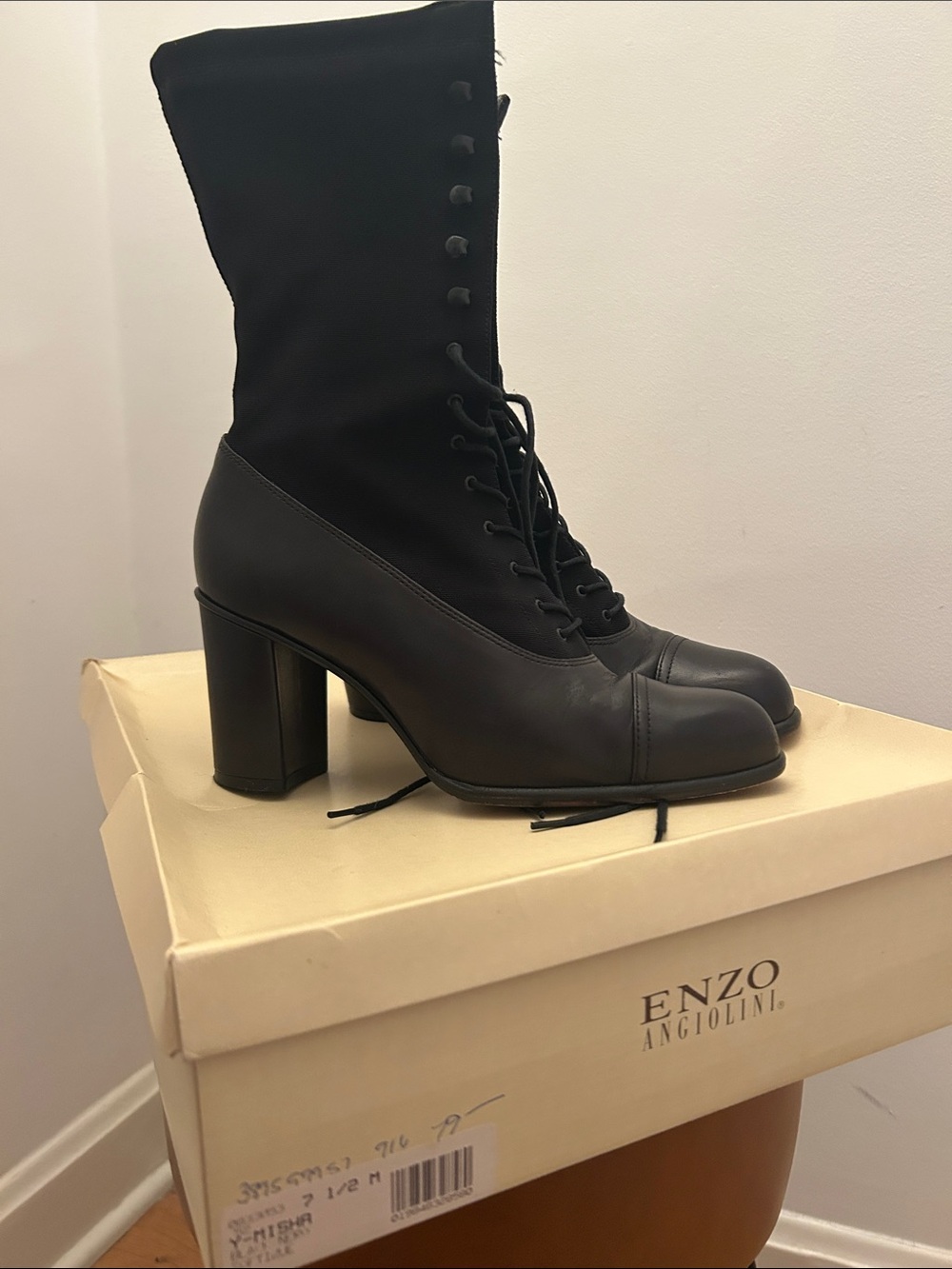 Enzo Angiolini Black Lace-Up Mid-Calf Block Heel Boots